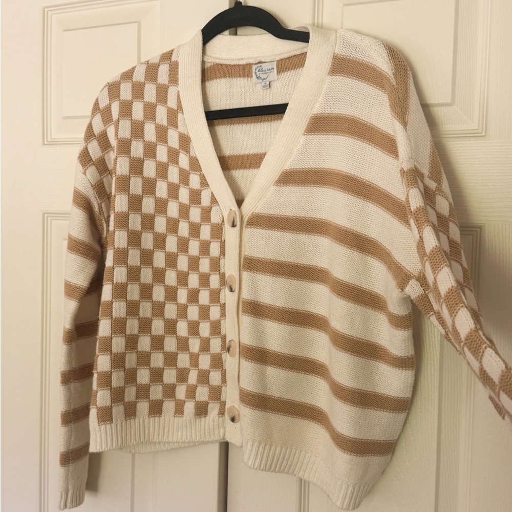 Francesca’s Blue Rain Cream and Tan Striped checkered Sweater